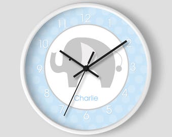 Mod Elephant Gray and Blue Baby Nursery Wall Clock 10" soft tick, choose frame color / Blue Elephant Nursery
