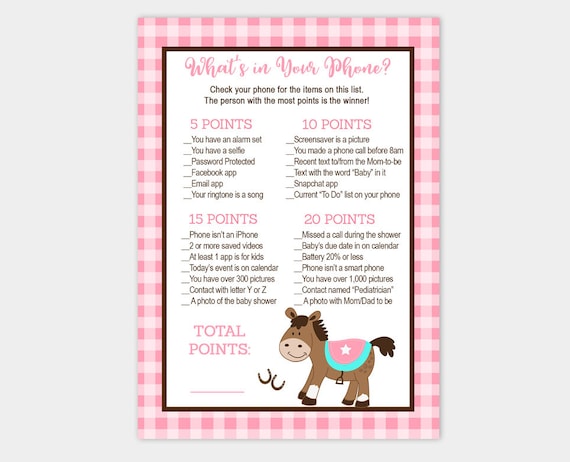 Western Girl Baby Shower / Western Horse / Pink Gingham What's in Your Phone Game / Printable Activity INSTANT DOWNLOAD bs-127 Il_570xn