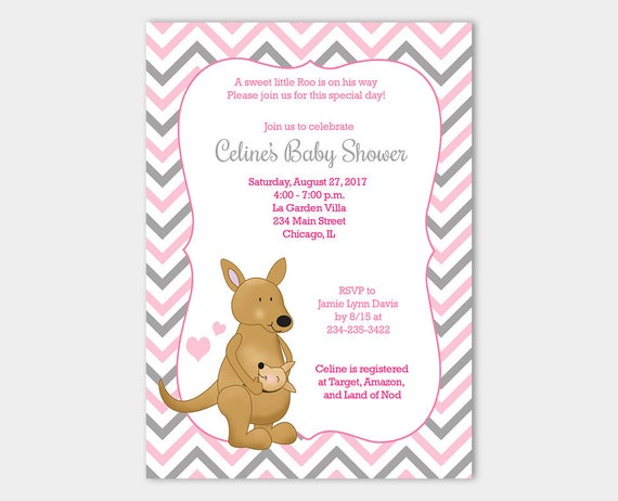 Kangaroo Girl Pink Chevron Baby Shower Invitation | Pink and Gray Chevron | Printable Baby Shower Invitation bs-086 Il_570xn