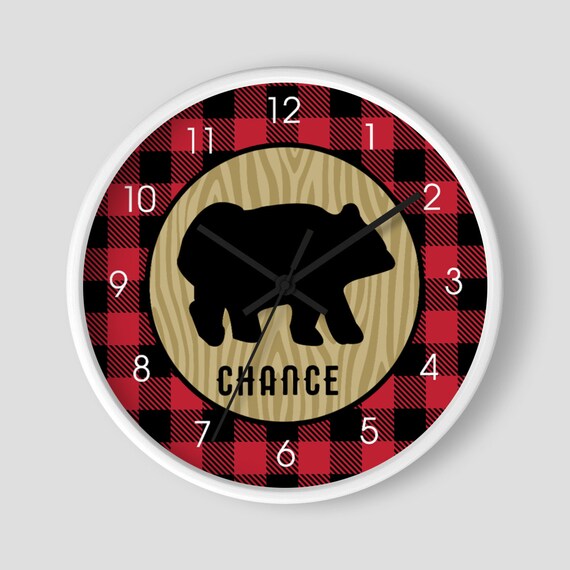 Black Bear Buffalo Plaid Lumberjack Pattern Rustic Hunter Wall Clock / 10-inch White Frame Add a name Il_570xn