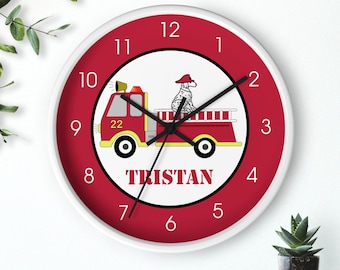 Fire Engine Firefighter Firetruck Boys Room Wall Clock, Firetruck Nursery, Firetruck Room Decor, 10" Round Wall Clock Black or White Frame