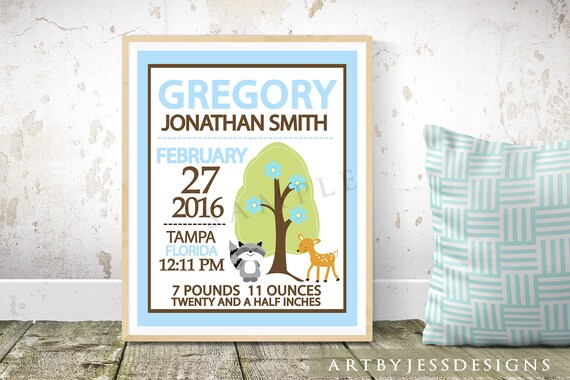 Woodland Deer Forest Animals Boy Birth Announcement Print Birth Statistics Birth Stats Woodland Boy Print / Choose Blue or Green Il_570xn