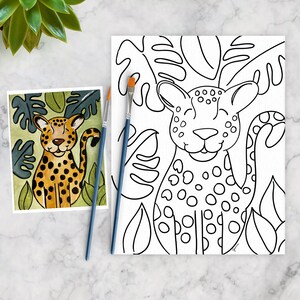 Spotted Leopard Kids Paint Kit, DIY Pre-Traced Outlined Canvas, Paint Parties, Paint and Sip, Birthdays Jungle Cat image 2