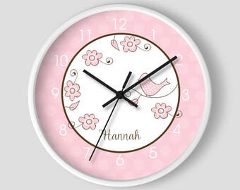Blossom Pink Trendy Bird Baby Girl Nursery 10" Wall Clock / Pink and Brown Birdie Clock
