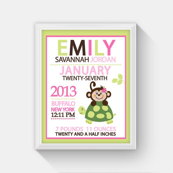 Girl Monkey and Turtle Birth Announcement Print - Baby Shower Birth Print Il_570xn