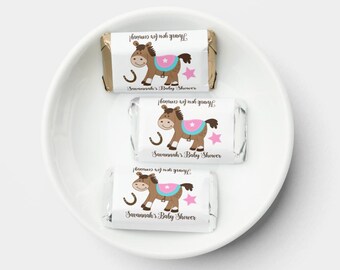 Pink Western Horse Candy Wrapper Stickers, Wild West Girl Baby Shower, Personalized Hershey Miniature Stickers, Western Cowboy Theme