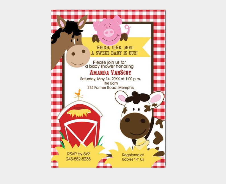 Farm Horse Pig Barn And Cow Baby Shower Invitation Print Etsy