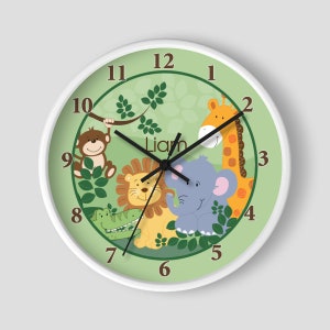 Jungle Safari Wall Clock / Jungle Nursery / Monkey, Lion, Giraffe, Elephant / Kids Clock / Teachers Clock / Nursery Wall Clock image 1