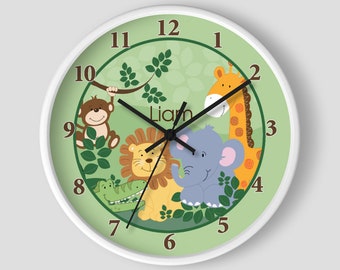 Jungle Safari Wall Clock / Jungle Nursery / Monkey, Lion, Giraffe, Elephant / Kids Clock / Teachers Clock / Nursery Wall Clock