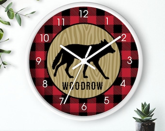 Wolf Rustic Buffalo Plaid Lumberjack Log Home Wall Clock / Log Home Decor / Nature Cabin Decor