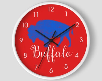 Buffalo New York 716 Buffalove Wall Clock, Distressed Bison  / Blue Buffalo on Red - Add a Name