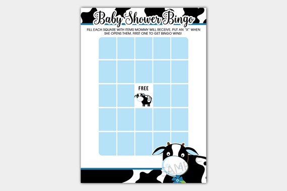 Blue Cow Boy Farm Barnyard Baby Shower Bingo Game Instant Download