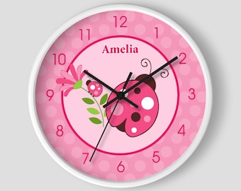 Pink Ladybug Girls Nursery Wall Clock / Ladybug Garden / Girls Ladybug Nursery Clock / Ladybug Wall Clock
