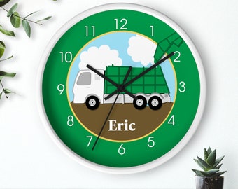 Garbage Truck Transportation Boys Room Toddler Wall Clock / Green Recycling Trash Boy Room Decor