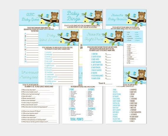Honey Bear and Bumble Bee Blue/Yellow Baby Shower Games 8-Pack Game Bundle, Bingo, Word Search, ABC Game and more INSTANT DOWNLOAD bs-051 Il_570xn