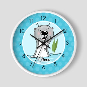 Sea Otter Kids Nursery Wall Clock, River Otter Rainforest Animal, Sea Otters, Cute Otter Nursery Decor Personalized