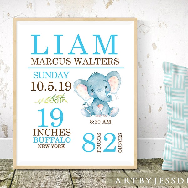 Cute Elephant Modern Typography Blue Green Brown Boy Birth Statistics / Boy Birth Stat / Birth Print Jungle / Elephants Boys