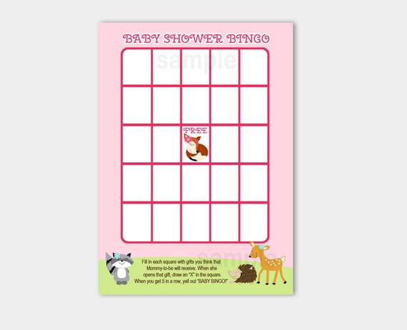 Pink Woodland Girl Deer, Raccoon, Hedgehog, Fox Baby Shower Bingo Game Printable INSTANT DOWNLOAD bs-005 Il_570xn