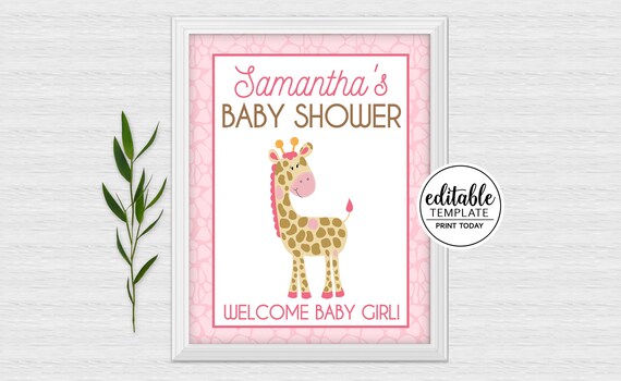Pink Giraffe Baby Shower Sign EDITABLE TEXT 8x10 and 16x20 Party Signage / Girl Baby Shower Sign / Jungle Safari Decorations bs-024 Il_570xn