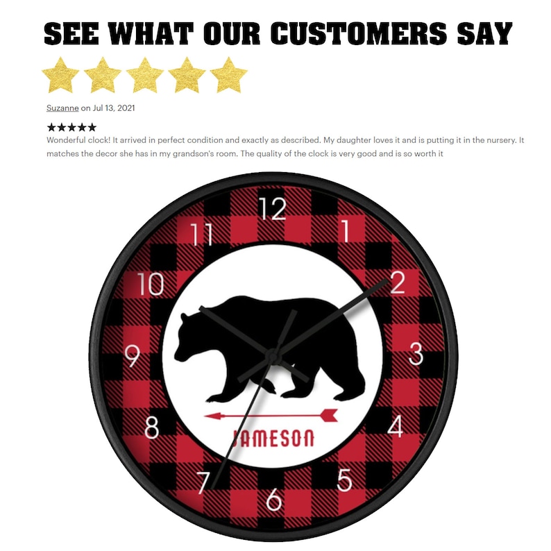 May include: A black and red buffalo plaid clock with a black bear silhouette and the name "JAMESON" printed on the face.