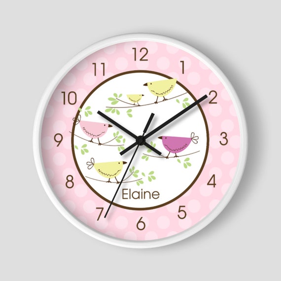 Penelope Tweet Tweet Personalized Bird Baby Nursery 10-inch Wall Clock / Girl's Wall Clock / Pink Birdie Il_570xn