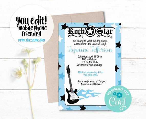 Blue Rock Star Guitar Music Rocker Boy Baby Shower Invitations Printable Digital EDITABLE TEXT Instant Download File bs-056 Il_570xn