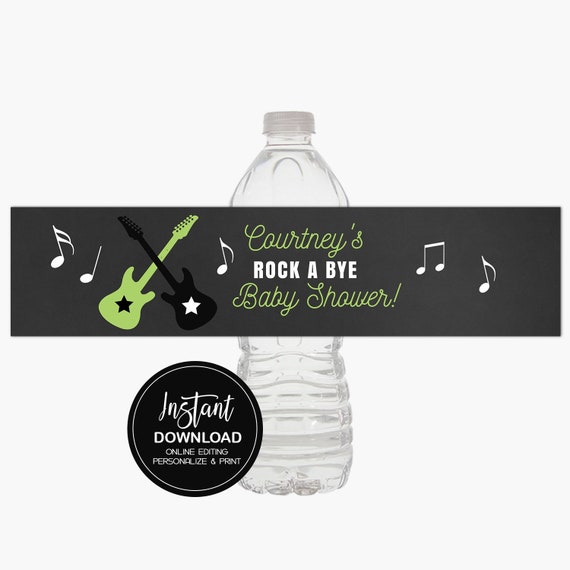 Lime Green Rock A Bye Rock Star Water Bottle Labels / Rockstar Boy Baby Shower Favors / Editable Text INSTANT DOWNLOAD bs-020A Il_570xn