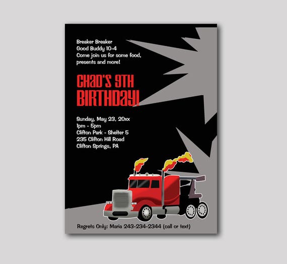 Semi Truck Hot Rod Trucker Birthday Invitation Any Age, Digital Printable JPG or PDF File, Boys Birthday Il_570xn