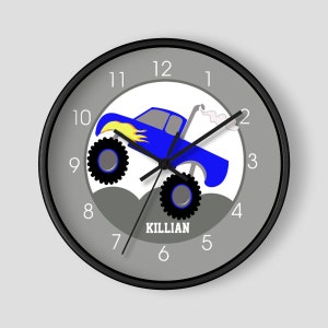 Monster Truck Boys Wall Clock / Nursery Truck Clock / Gray and Blue Trucks Toddler Boy Clock