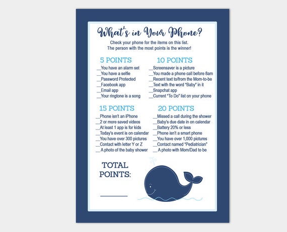Navy Blue Whale Baby Shower / Nautical Baby Shower / Whale What's in Your Phone Game / Printable Activity INSTANT DOWNLOAD bs-125 Il_570xn