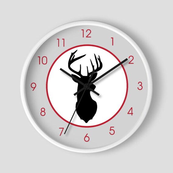 Deer Head Buck Nursery Wall Clock / Hunter Nursery / Little Man Nursery / Woodland Boys Room Clock / Gray, Red, and Black Color Scheme Il_570xn
