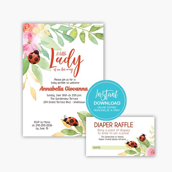 Floral Ladybug Girl Baby Shower Invitations / Tropical Ladybugs Editable Text Invitation and Diaper Raffle INSTANT DOWNLOAD bs-175 Il_570xn