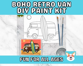 Boho Retro Van Kids Paint Kit, DIY Pre-Traced Outlined Canvas, Paint Parties, Paint and Sip, Birthdays - Art by Jess Original