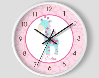 Pink and Teal Giraffe 10-inch Girls Giraffe Print Jungle Safari Nursery Wall Clock Personalized with Name