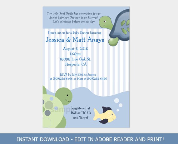 Pink Turtle Stacked Frog Printable Baby Shower Invitation Editable PDF