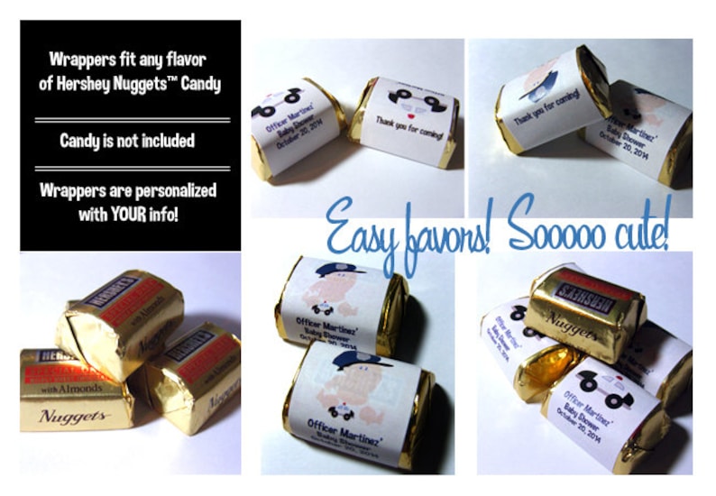 Pode incluir: Doces de chocolate envoltos em ouro com etiquetas personalizadas para um ch&aacute; de beb&ecirc;. As etiquetas apresentam um policial de desenho animado e o texto "Ch&aacute; de Beb&ecirc; do Officer Martinez" e a data "20 de outubro de 2014".