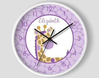Purple Giraffe Jungle Jill Girl Safari Nursery 10-inch Wall Clock / Girls Giraffe Jungle Nursery Clock