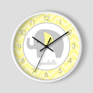 Light Yellow and Gray Mod Elephant White Chevron Stripe Nursery Wall Clock 10-inch / Girl Elephant Nursery Decor image 1