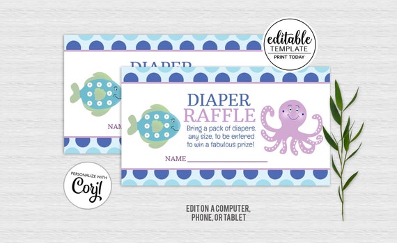 Calypso Under the Sea Fish and Purple Octopus Baby Shower Raffle Card / Editable Text INSTANT DOWNLOAD bs-080 Il_570xn