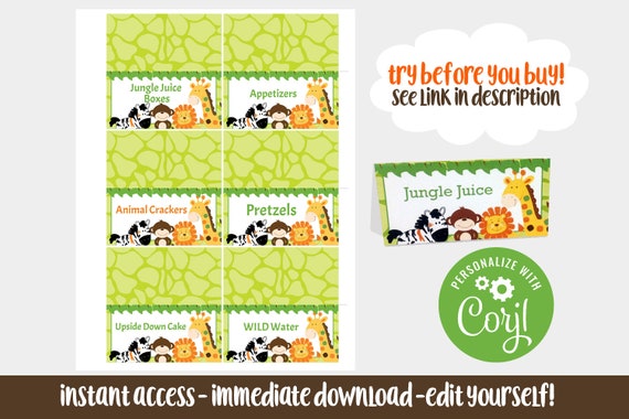Jungle Safari Baby Shower or Birthday Buffet Cards, Table Cards, Place Cards, Tent Cards, Table Name Cards INSTANT DOWNLOAD bs-015 Il_570xn