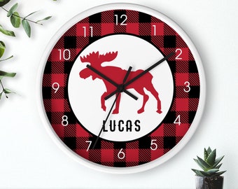 Red Moose Buffalo Plaid Customized Wall Clock, Log Home, Kitchen / Moose Wilderness Nursery Cabin Decor