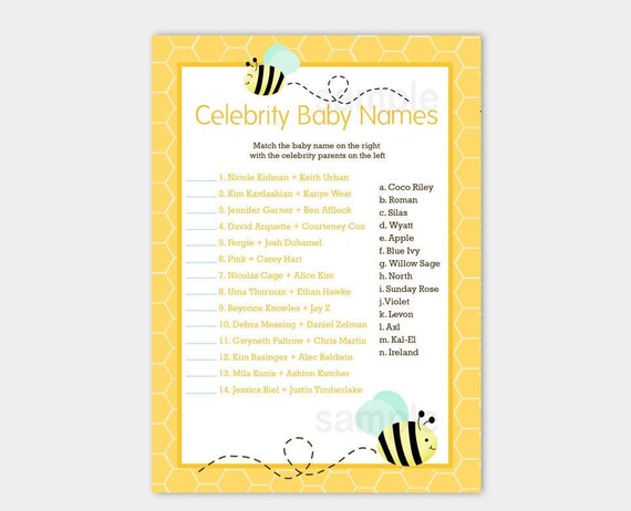 Bumble Bee Mint Green Wings Gender Neutral Baby Shower Celebrity Baby Names Baby Shower Game Card, Printable PDF INSTANT DOWNLOAD bs-156 Il_570xn