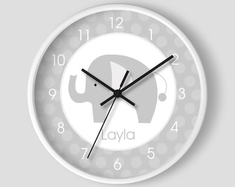 Gray and White Mod Elephant Nursery Wall Clock 10-inch / Elephant Nursery Clock / Gray Nursery Clock