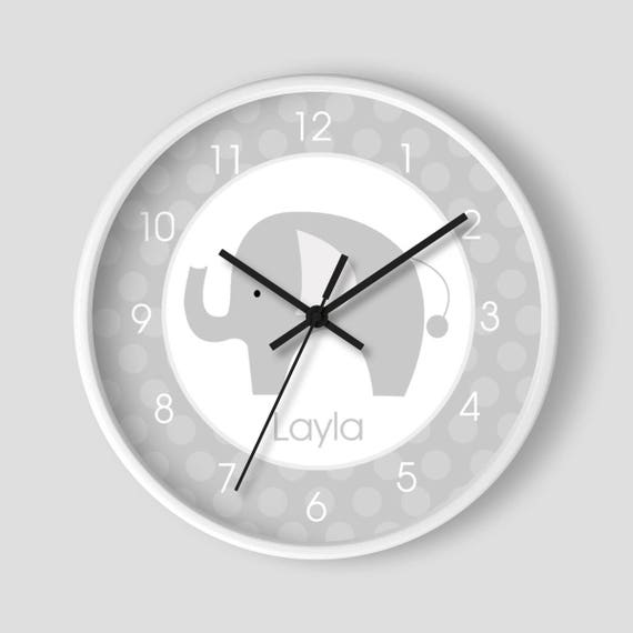 Gray and White Mod Elephant Nursery Wall Clock 10-inch / Elephant Nursery Clock / Gray Nursery Clock Il_570xn