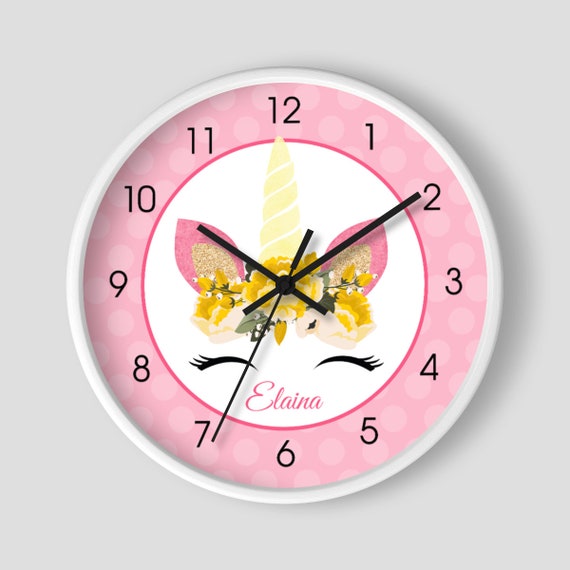 Magical Unicorn Pink and Yellow Girl's Nursery Toddler 10" Wall Clock / Fantasy Unicorns Il_570xn