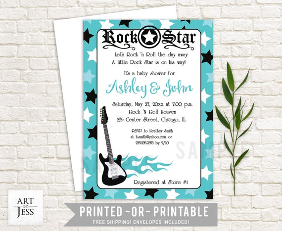 Teal Rock Star Rocker Guitar Boy Baby Shower Invitations / Teal and Black Musician B160 Il_570xn