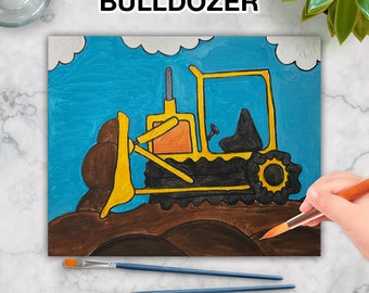 Bulldozer Kids Paint Kit, DIY Pre-Traced Outlined Canvas, Paint Parties, Paint and Sip, Birthdays - Art by Jess Original
