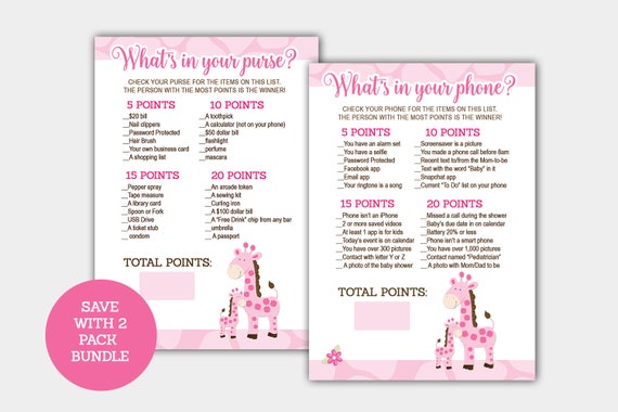 Pink Giraffe What's in Your Phone Game / What's in Your Purse Game / Girl Baby Shower Games 2 Pack Bundle INSTANT DOWNLOAD bs-075 Il_570xn