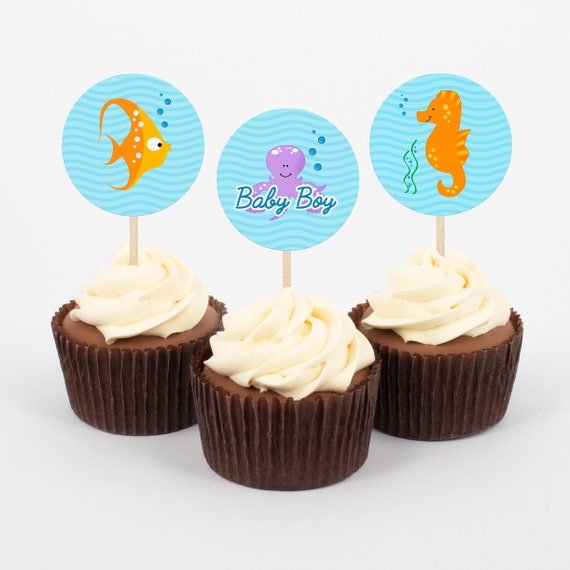 Under the Sea Baby Shower Cupcake Toppers - Octopus Seahorse Fish Shower Decorations - Printable Cupcake Topper, Party Cupcake Topper bs-079 Il_570xn