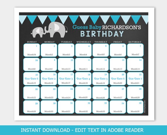Mod Elephant Blue Chalkboard Baby Prediction Calendar | Elephant Baby shower | printable INSTANT DOWNLOAD bs-040 Il_570xn